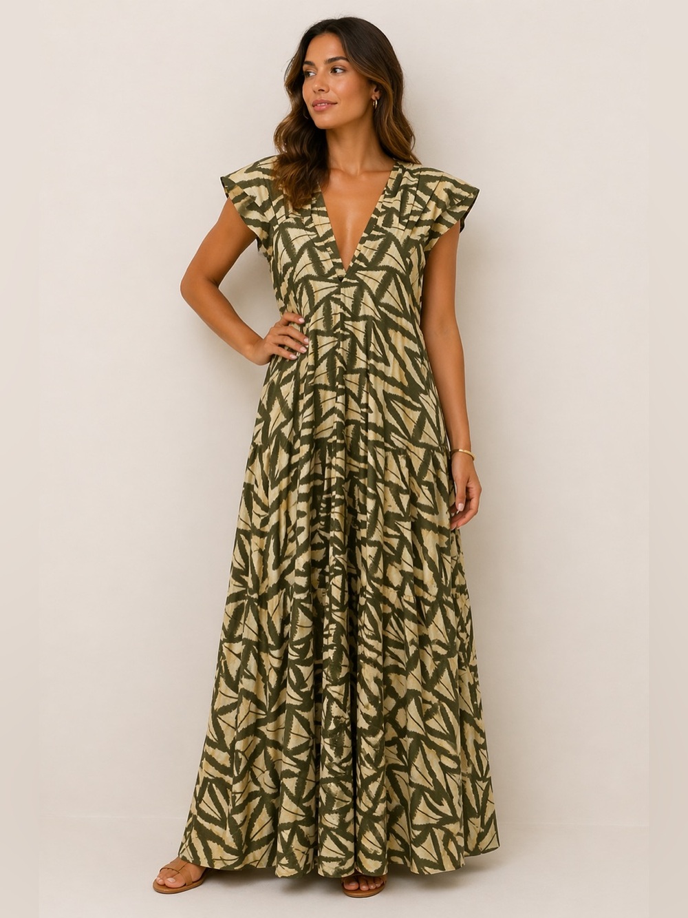 Olive Leaf V-Neck Maxi Dress
